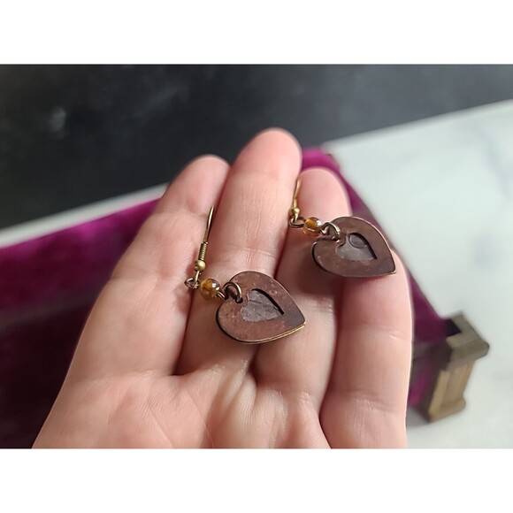 Two Tone Metal Heart Shaped Dangling Pierced Earrings Vintage - Picture 5 of 10